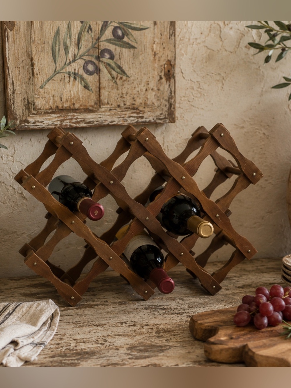 Vintage Foldable Wooden Wine Rack Expandable Accordion Rustic Farmhouse Decor